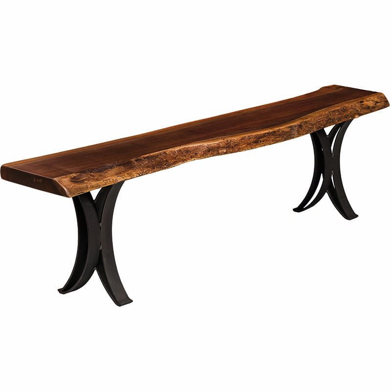 live edge bench with double curved steel base 1